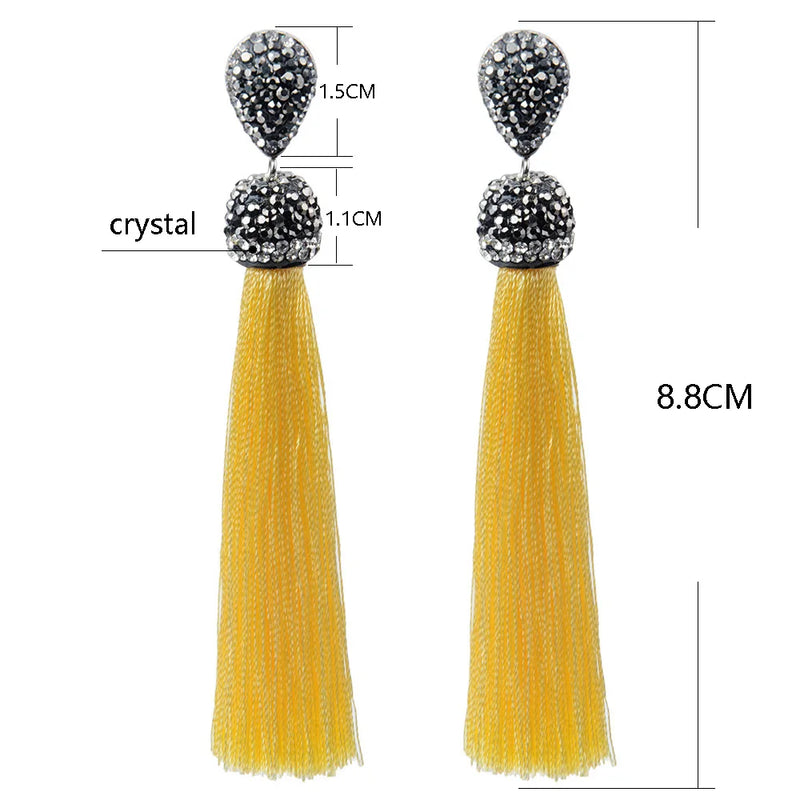 Bohemian Tassel Earrings with Silk Crystal Dangle Drop for Women