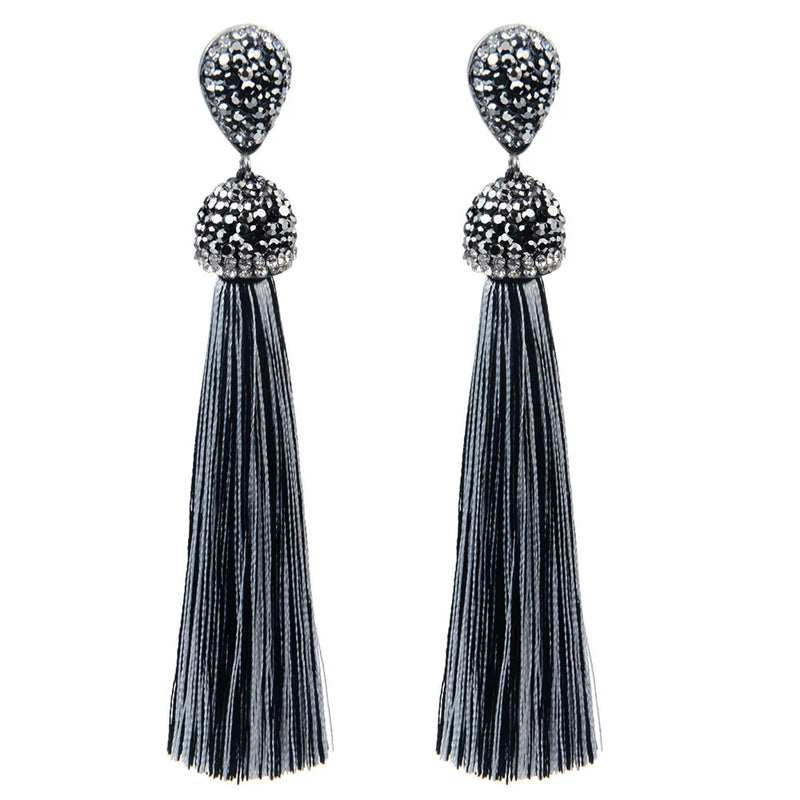 Bohemian Tassel Earrings with Silk Crystal Dangle Drop for Women