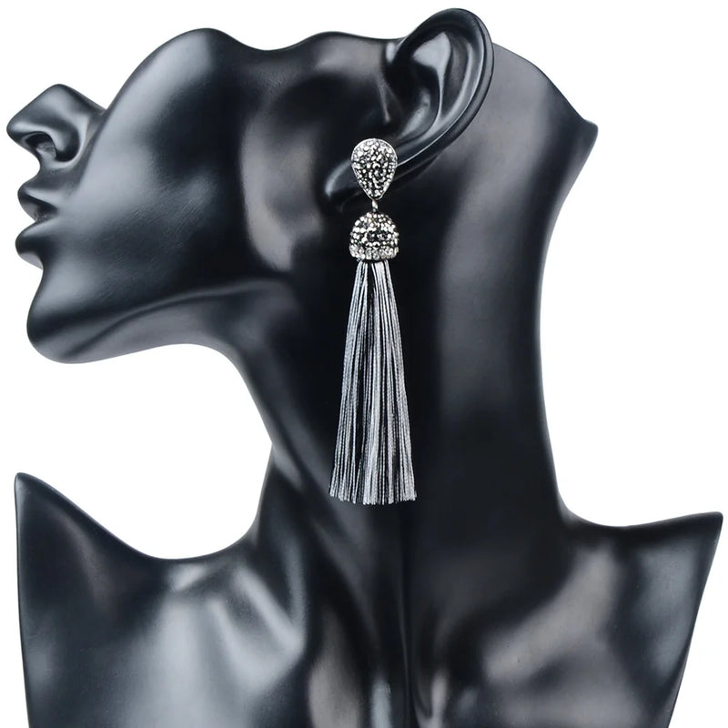 Bohemian Tassel Earrings with Silk Crystal Dangle Drop for Women