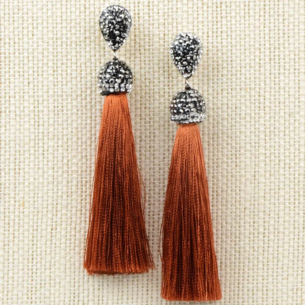 Bohemian Tassel Earrings with Silk Crystal Dangle Drop for Women