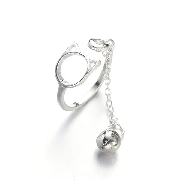 Modische Katzenkopf-Kettenquaste mit Glockenring für Frauen, einzigartiger Kätzchen-Tassel-Ring mit verstellbarer Öffnung, Statement-Schmuck für Mädchen