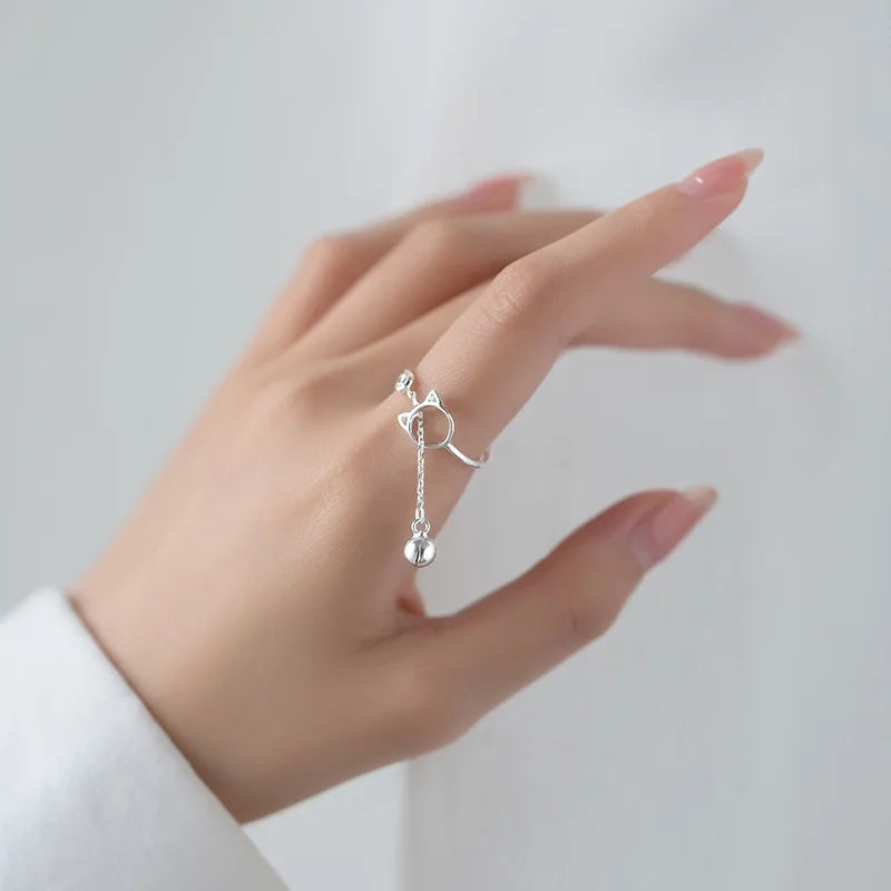 Modische Katzenkopf-Kettenquaste mit Glockenring für Frauen, einzigartiger Kätzchen-Tassel-Ring mit verstellbarer Öffnung, Statement-Schmuck für Mädchen