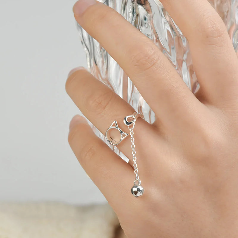 Modische Katzenkopf-Kettenquaste mit Glockenring für Frauen, einzigartiger Kätzchen-Tassel-Ring mit verstellbarer Öffnung, Statement-Schmuck für Mädchen