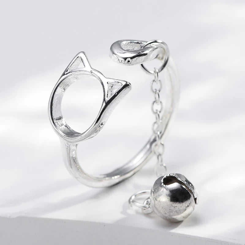 Modische Katzenkopf-Kettenquaste mit Glockenring für Frauen, einzigartiger Kätzchen-Tassel-Ring mit verstellbarer Öffnung, Statement-Schmuck für Mädchen
