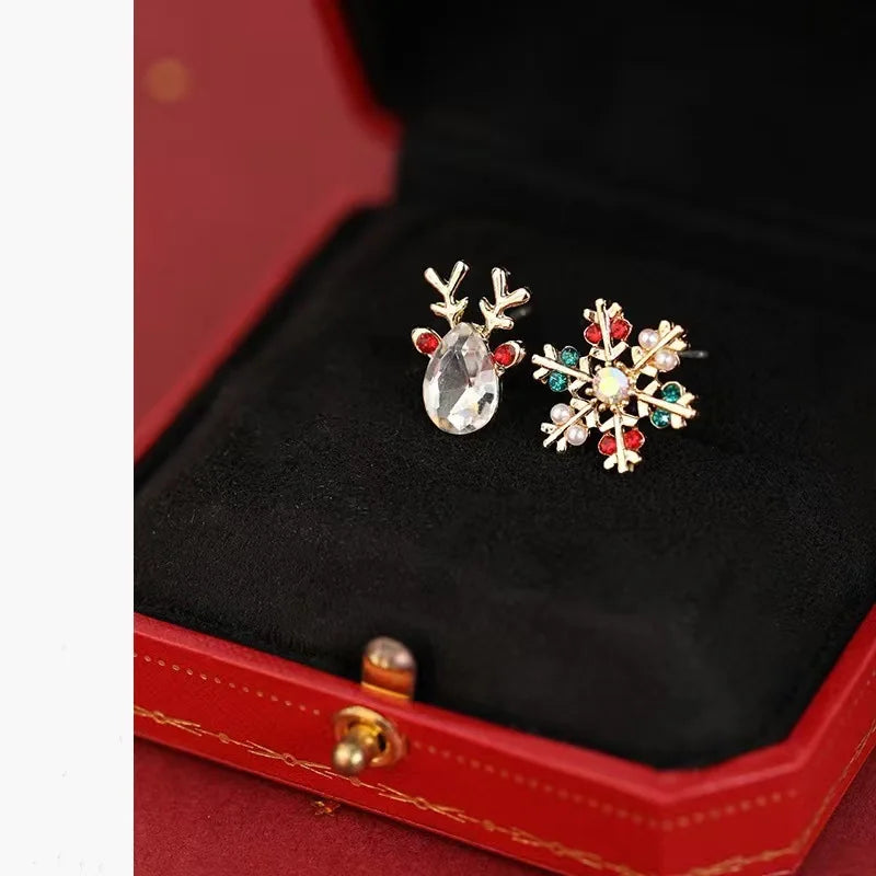 Bunte kreative Mode Kristall Schneeflocke Ohrringe mit Rhinestone Hirsch Ohrstecker für Frauen Weihnachtsschmuck Geschenke