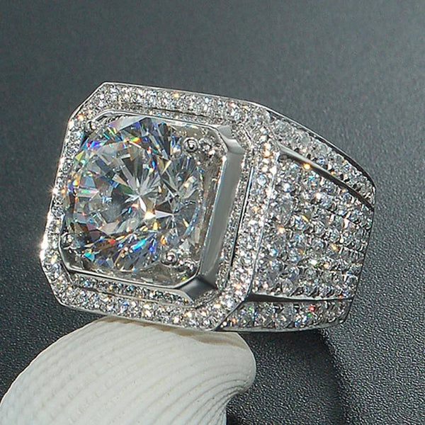 Herrenring mit weißem Zirkonia-Stein, Silberfarbe, quadratischer runder Schliff, Mikro-CZ-Fingerringe für Männer, Schmuck für Versprechen und Partys