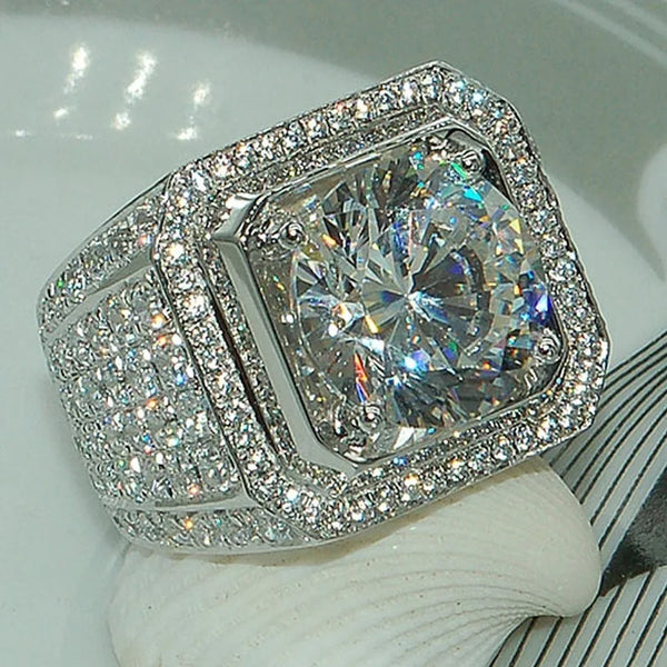 Herrenring mit weißem Zirkonia-Stein, Silberfarbe, quadratischer runder Schliff, Mikro-CZ-Fingerringe für Männer, Schmuck für Versprechen und Partys