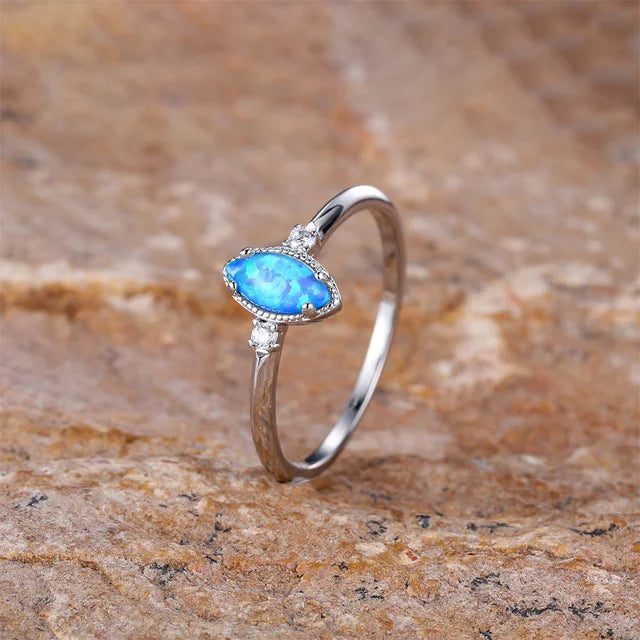 Vintage Gold Silver Color Wedding Ring with Marquise Stone and Blue Opal