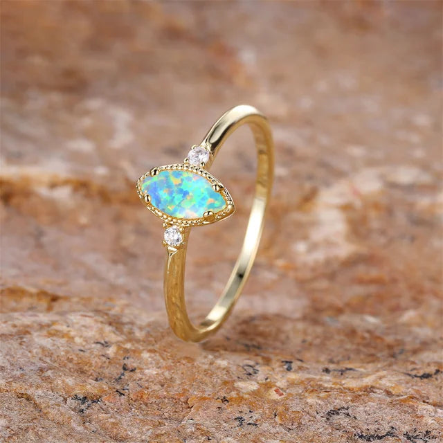 Vintage Gold Silver Color Wedding Ring with Marquise Stone and Blue Opal