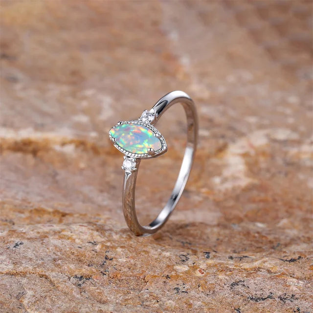 Vintage Gold Silver Color Wedding Ring with Marquise Stone and Blue Opal