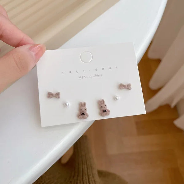 Braunes Samt-Bärenhasen-Ohrringset für Frauen und Mädchen