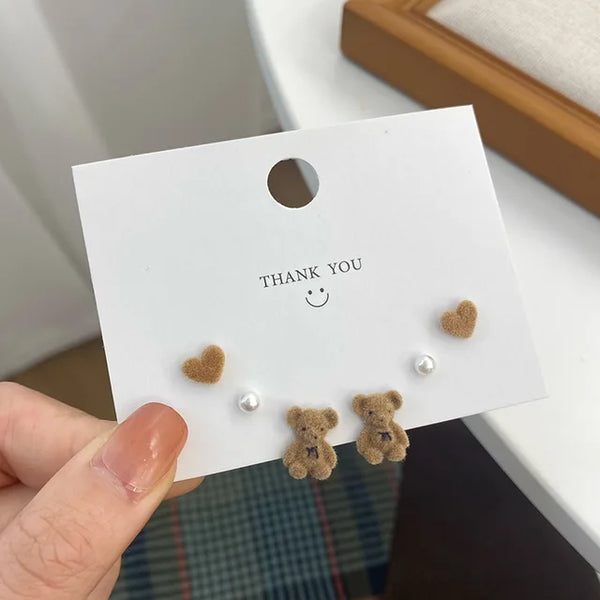 Braunes Samt-Bärenhasen-Ohrringset für Frauen und Mädchen