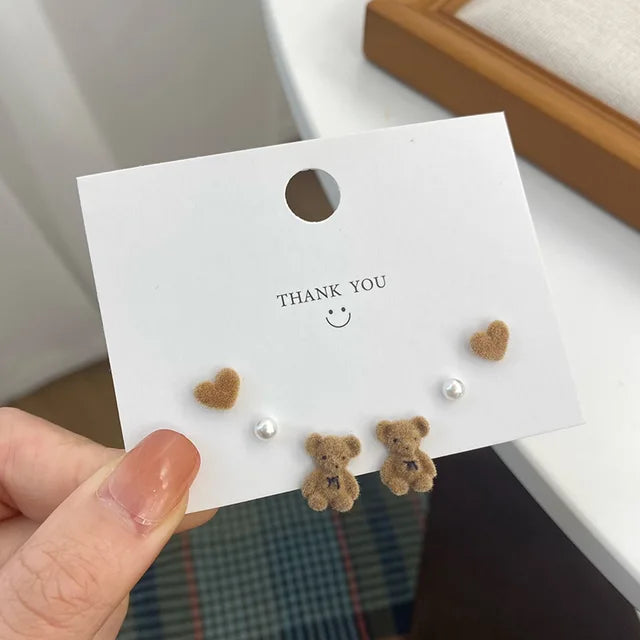 Braunes Samt-Bärenhasen-Ohrringset für Frauen und Mädchen