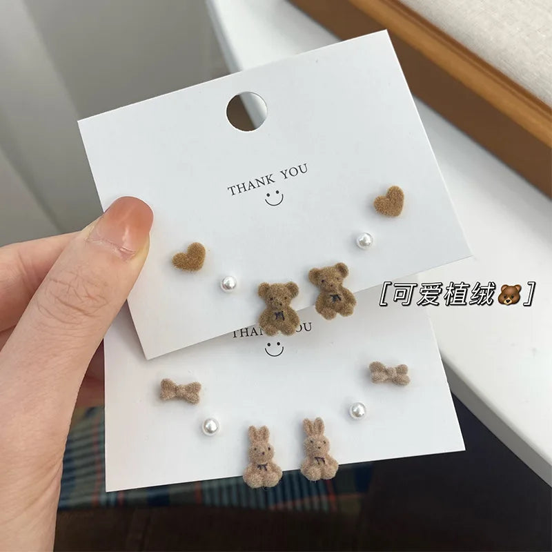 Braunes Samt-Bärenhasen-Ohrringset für Frauen und Mädchen