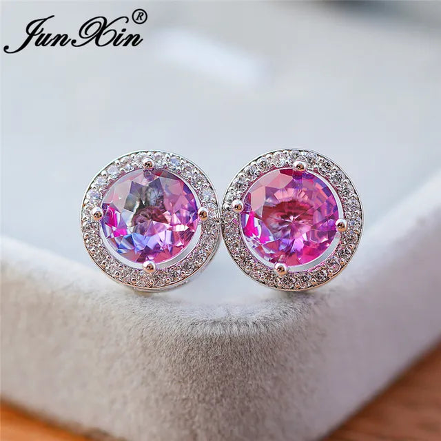 Bunte Regenbogenfeuer Kristall Ohrstecker in Weißgold für Damen - Schmuck