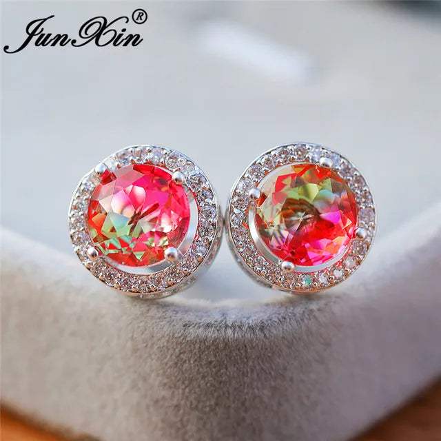 Bunte Regenbogenfeuer Kristall Ohrstecker in Weißgold für Damen - Schmuck
