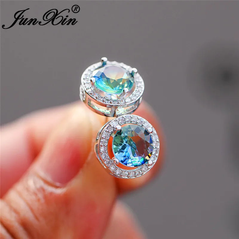 Bunte Regenbogenfeuer Kristall Ohrstecker in Weißgold für Damen - Schmuck