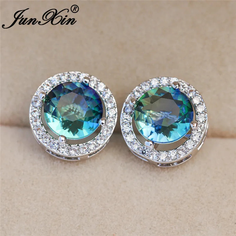 Bunte Regenbogenfeuer Kristall Ohrstecker in Weißgold für Damen - Schmuck