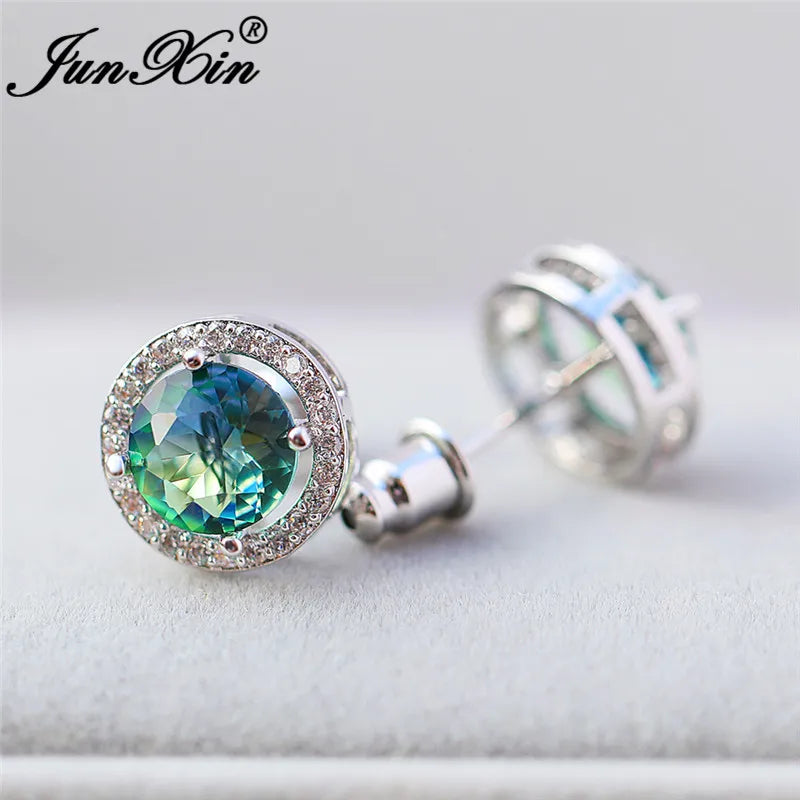 Bunte Regenbogenfeuer Kristall Ohrstecker in Weißgold für Damen - Schmuck