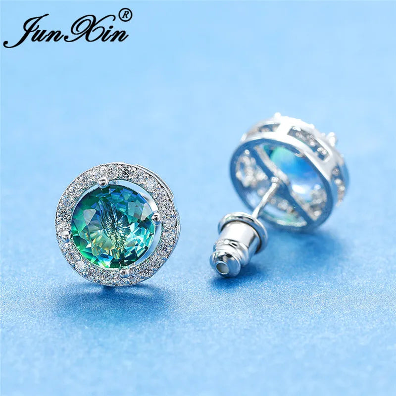 Bunte Regenbogenfeuer Kristall Ohrstecker in Weißgold für Damen - Schmuck