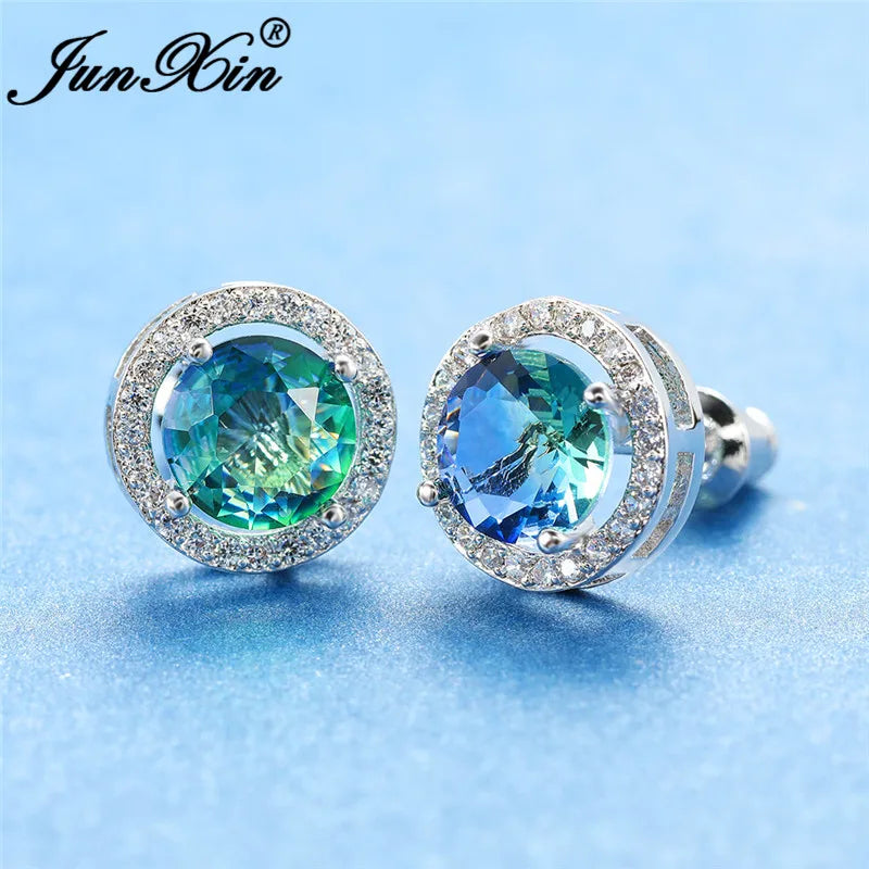 Bunte Regenbogenfeuer Kristall Ohrstecker in Weißgold für Damen - Schmuck