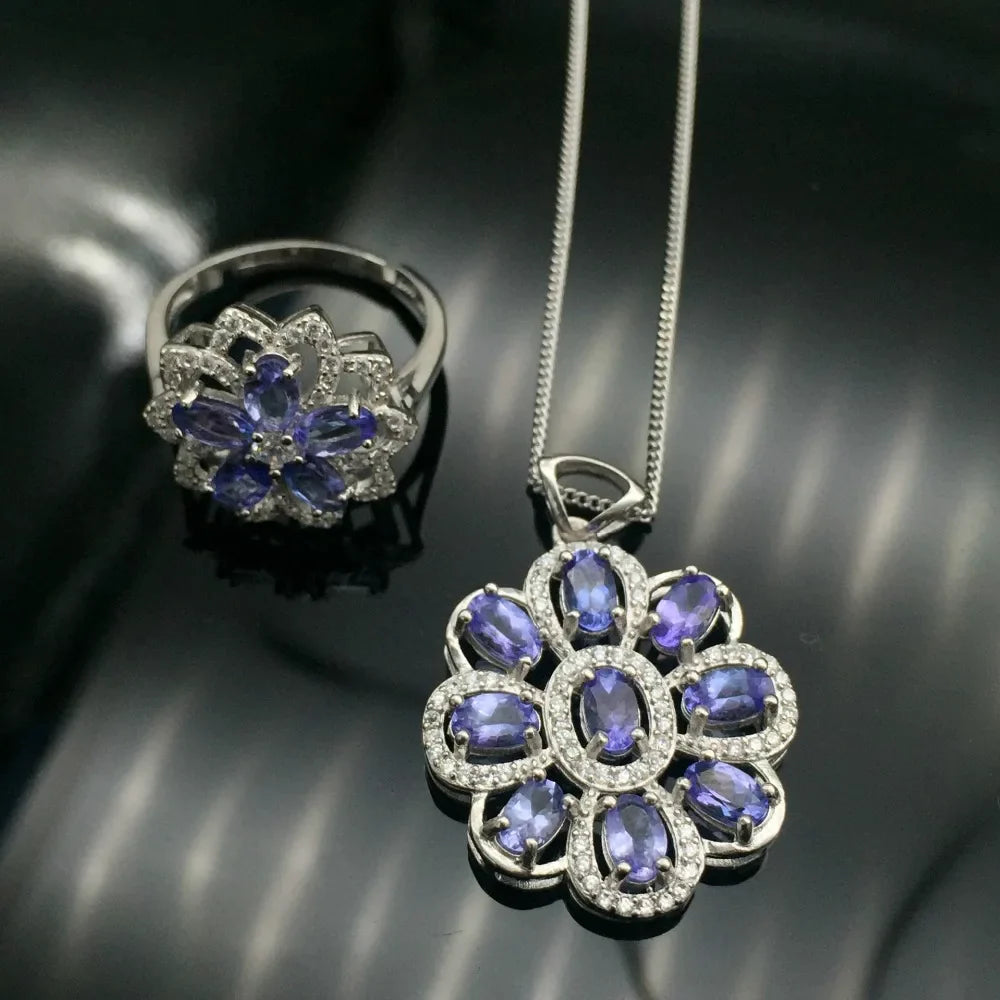 Romantisches Tansanit-Herz-Schmuckset, natürliches Tansanit-Silberring-Anhänger-Schmuckset, massives Silber-Schmuckset