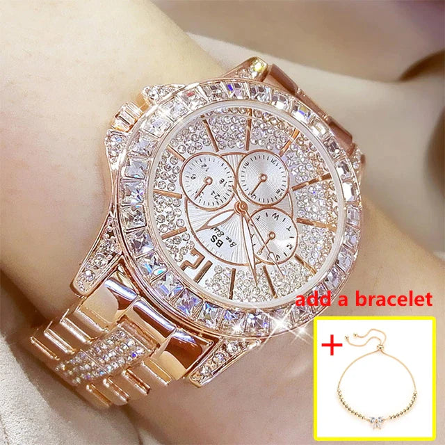 Damenuhren, Quarz-Diamant-Luxusuhr, modische Top-Marken-Armbanduhr, modische Uhr, Damen-Kristallschmuck, Roségold-Uhr