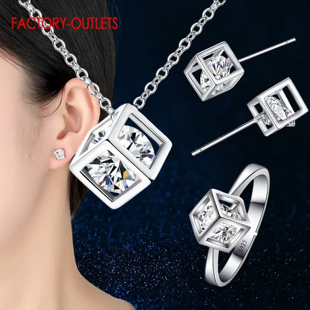 Schmucksets mit Würfelanhänger Halskette, Ohrringen, Armband und Ring aus hochwertigem 925er Sterlingsilber für Mädchen - Trendy und wunderschön