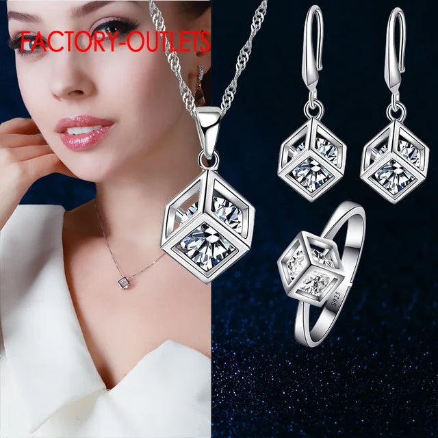 Schmucksets mit Würfelanhänger Halskette, Ohrringen, Armband und Ring aus hochwertigem 925er Sterlingsilber für Mädchen - Trendy und wunderschön