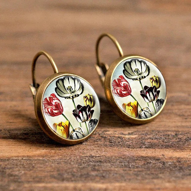 Beliebte Pop-Schmuck-Domglas-Legierungs-Ohrringe mit Blumenmalerei - Edles Modisches Geschenk