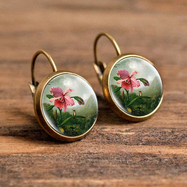 Beliebte Pop-Schmuck-Domglas-Legierungs-Ohrringe mit Blumenmalerei - Edles Modisches Geschenk