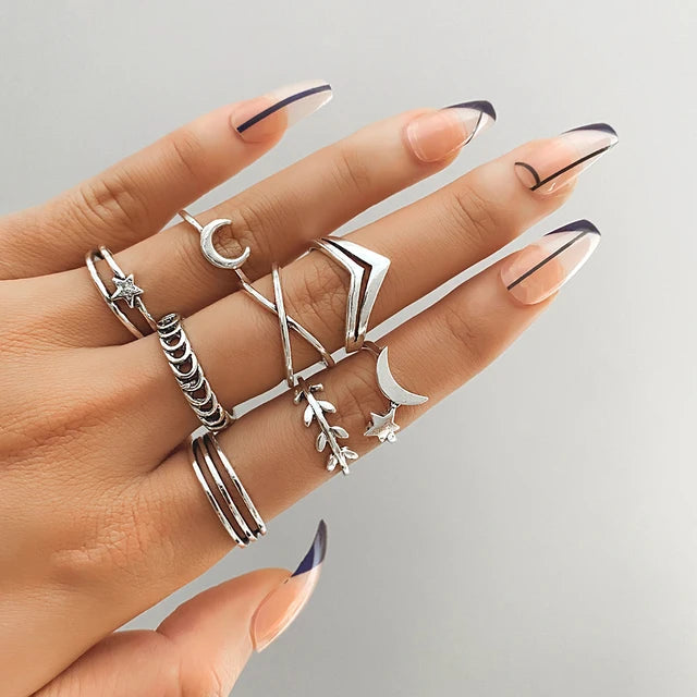 Geometrische Wellenringe Set für Damen | Silberner Stern Ring Set