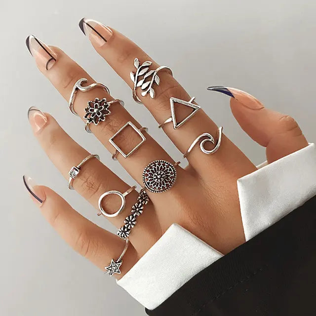 Geometrische Wellenringe Set für Damen | Silberner Stern Ring Set