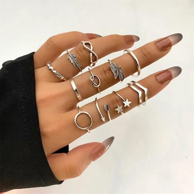 Geometrische Wellenringe Set für Damen | Silberner Stern Ring Set
