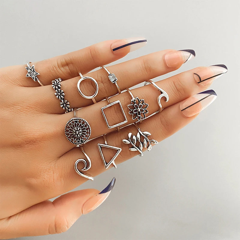 Geometrische Wellenringe Set für Damen | Silberner Stern Ring Set