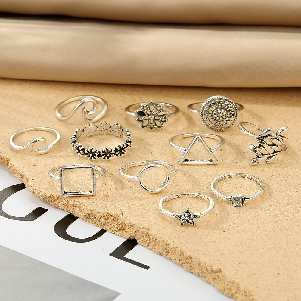 Geometrische Wellenringe Set für Damen | Silberner Stern Ring Set