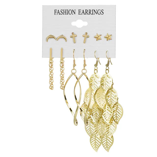Moderne goldfarbene Metall-Ohrringe für Frauen mit hohlen Blättern, Sternen- und Mondanhängern, geometrischen Ohrsteckern, Schmuckgeschenk