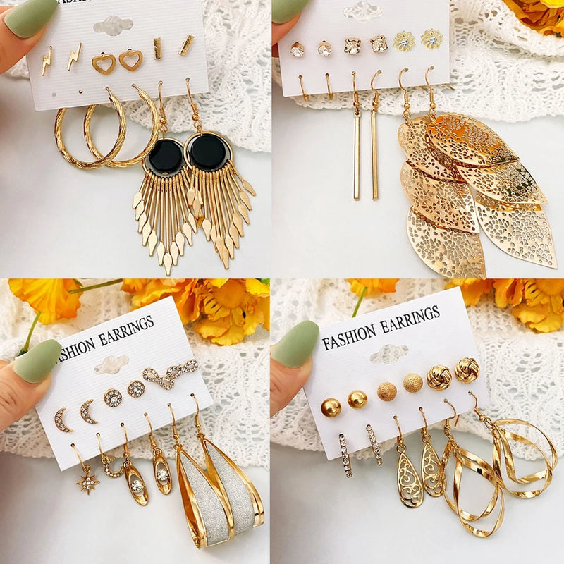 Moderne goldfarbene Metall-Ohrringe für Frauen mit hohlen Blättern, Sternen- und Mondanhängern, geometrischen Ohrsteckern, Schmuckgeschenk