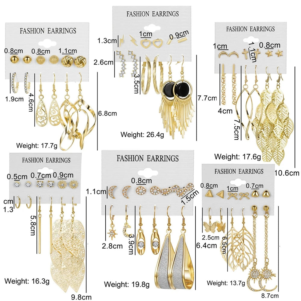 Moderne goldfarbene Metall-Ohrringe für Frauen mit hohlen Blättern, Sternen- und Mondanhängern, geometrischen Ohrsteckern, Schmuckgeschenk