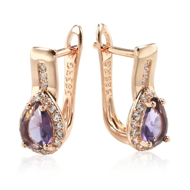 Klassische Tropfenform Lila Zirkon Kristall Ohrringe in 585er Goldfarbe für Damen Hochzeitsschmuck