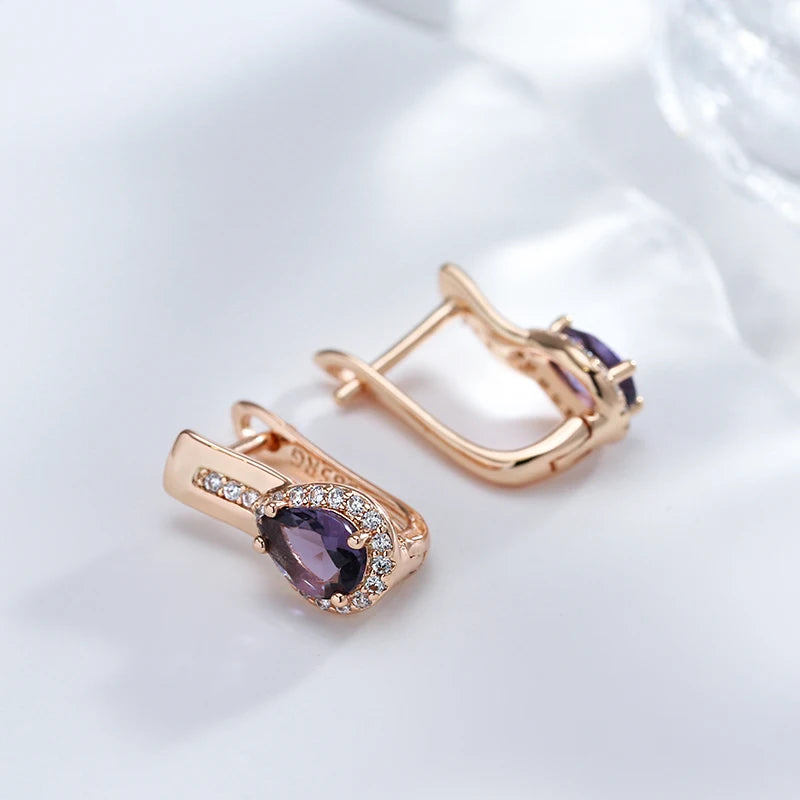 Klassische Tropfenform Lila Zirkon Kristall Ohrringe in 585er Goldfarbe für Damen Hochzeitsschmuck