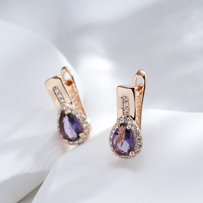 Klassische Tropfenform Lila Zirkon Kristall Ohrringe in 585er Goldfarbe für Damen Hochzeitsschmuck