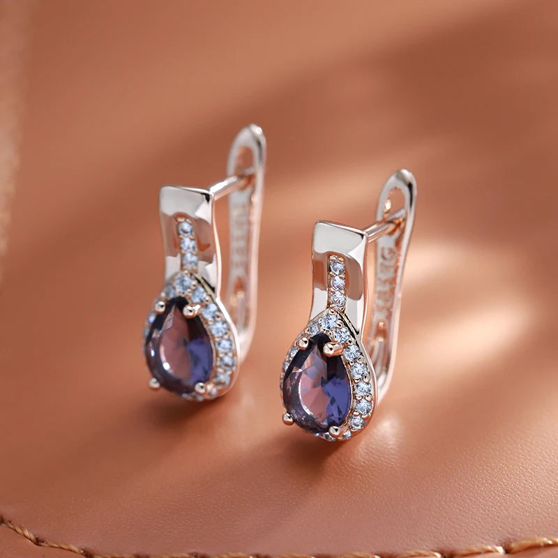 Klassische Tropfenform Lila Zirkon Kristall Ohrringe in 585er Goldfarbe für Damen Hochzeitsschmuck