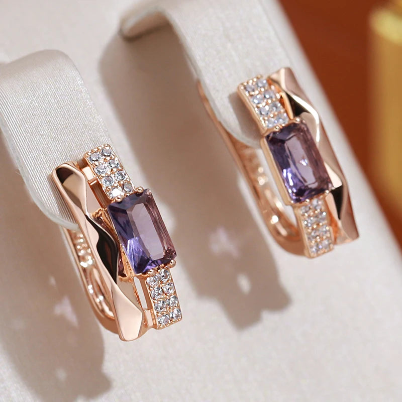 Lila Zirkon Ohrstecker mit Rhombus-Textur und vollständiger Einlage für Frauen | Luxuriöser Hochzeitsschmuck | Vintage-Accessoires
