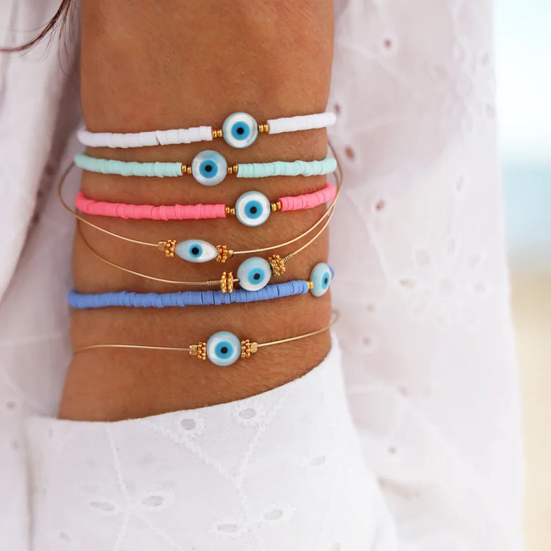 Boho Schmuck für Frauen: KKBEAD Evil Eye Armbänder mit Muschel, Heishi Scheibenperlen und Polymer Clay