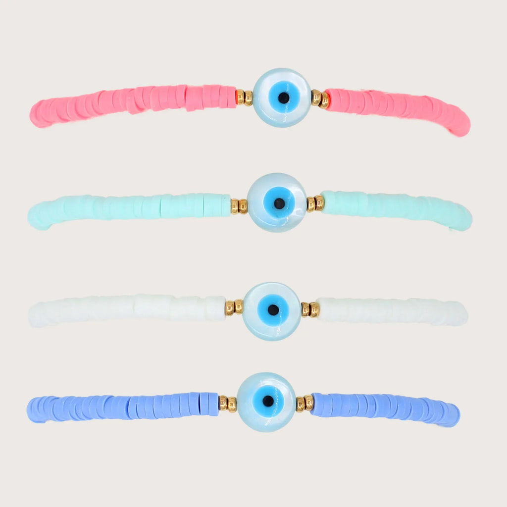 Boho Schmuck für Frauen: KKBEAD Evil Eye Armbänder mit Muschel, Heishi Scheibenperlen und Polymer Clay