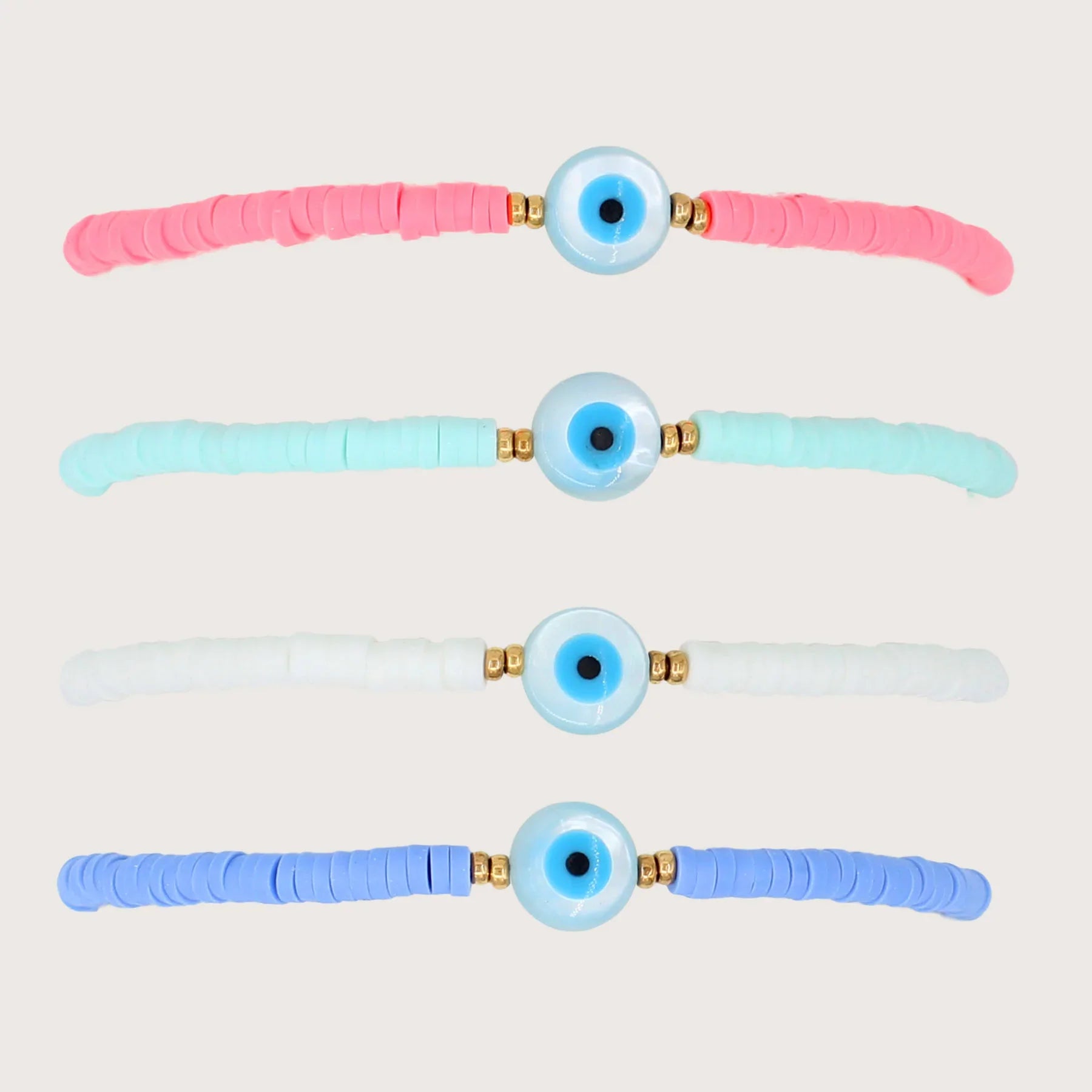 Boho Schmuck für Frauen: KKBEAD Evil Eye Armbänder mit Muschel, Heishi Scheibenperlen und Polymer Clay