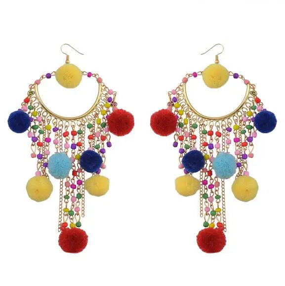 Bohemian Quastenohrringe | Sommerfarben Ohrringe | Lange Pompom Ohrringe