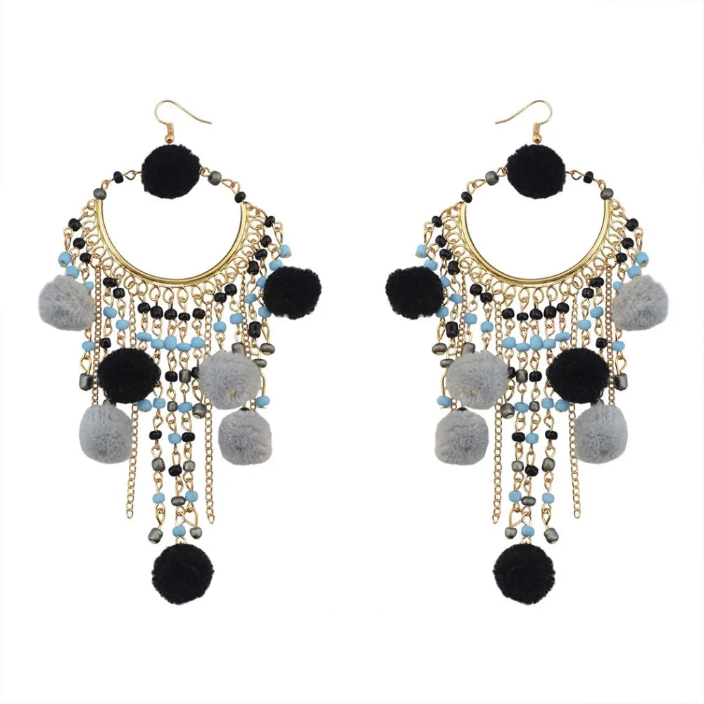 Bohemian Quastenohrringe | Sommerfarben Ohrringe | Lange Pompom Ohrringe