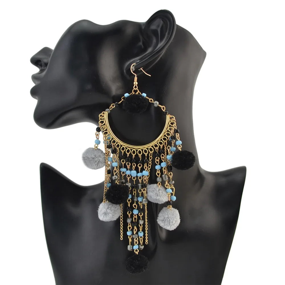 Bohemian Quastenohrringe | Sommerfarben Ohrringe | Lange Pompom Ohrringe